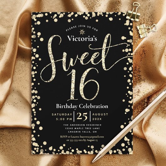 Invitation Sweet 16 moderne Black Gold Parties scintillant Fi