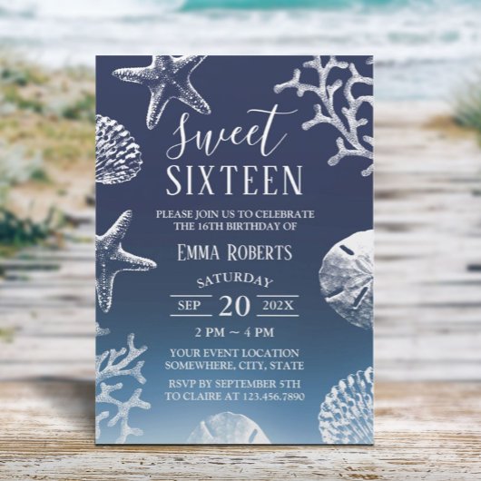 Invitation Sweet 16 Navy Blue Ombre Beach Starfish Seashells