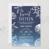 Invitation Sweet 16 Navy Blue Ombre Beach Starfish Seashells (Devant)