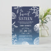 Invitation Sweet 16 Navy Blue Ombre Beach Starfish Seashells (Debout devant)