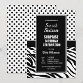 Invitation Sweet 16 Noir et blanc Surprise fête d'anniversair (Devant / Derrière)