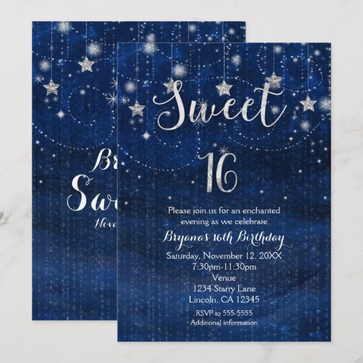 Invitation Sweet 16 Nuit étoilée argent et bleu (Devant / Derrière)