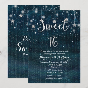 Invitation Sweet 16 Nuit étoilée argent et bleu