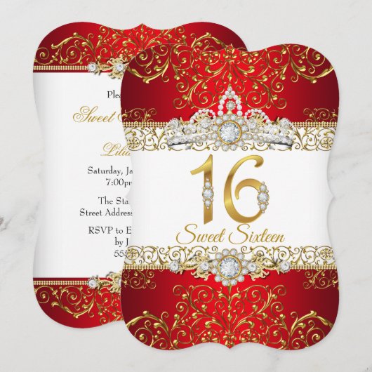 Invitation Sweet 16 Or Diamond Rouge glamour Anniversaire (Devant / Derrière)
