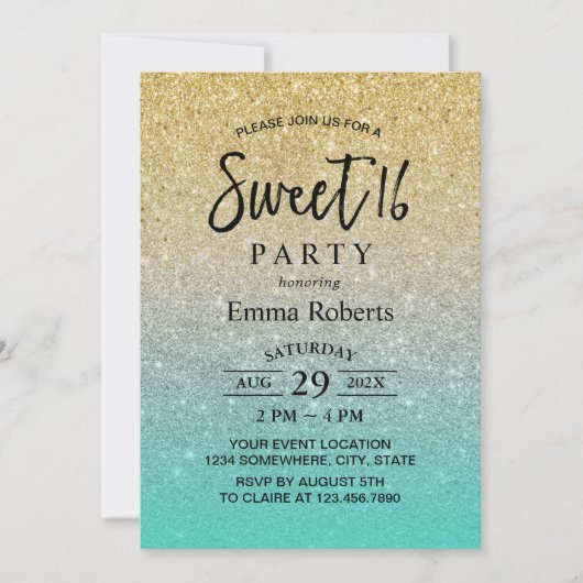 Invitation Sweet 16 Or moderne & Parties scintillant Turquois (Devant)