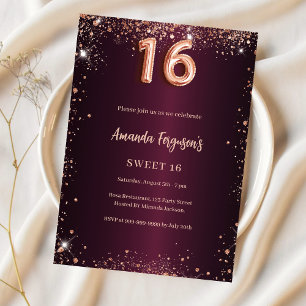Invitation Sweet 16 or rose bordeaux