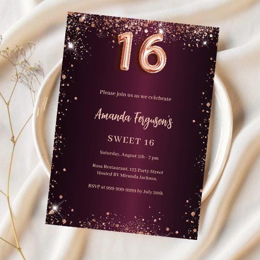 Invitation Sweet 16 or rose bordeaux