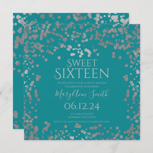 Invitation Sweet 16 pailletée argentée Girly Teal (Devant / Derrière)