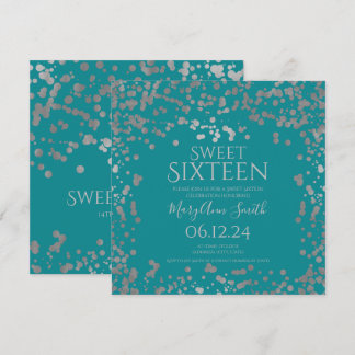 Invitation Sweet 16 pailletée argentée Girly Teal