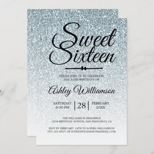 Invitation Sweet 16 Pale Blue Parties scintillant Ombre 16e a (Devant / Derrière)