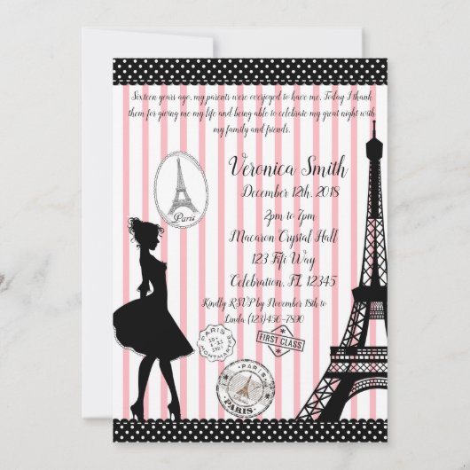 Invitation Sweet 16 Paris Passport Rose & Noir (Dos)