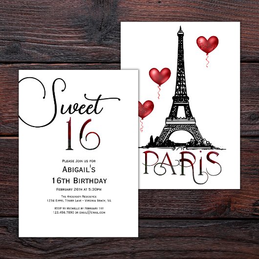 Invitation Sweet 16 Paris tendance, Tour Eiffel, Ballons roug
