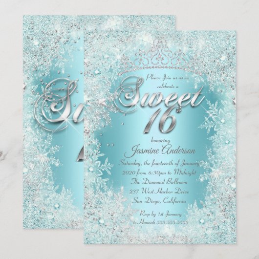 Invitation Sweet 16 Partie Turquoise bleu Argent hiver Wonder (Devant / Derrière)