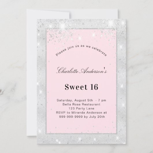 Invitation Sweet 16 parties scintillant argent rose pâle (Devant)