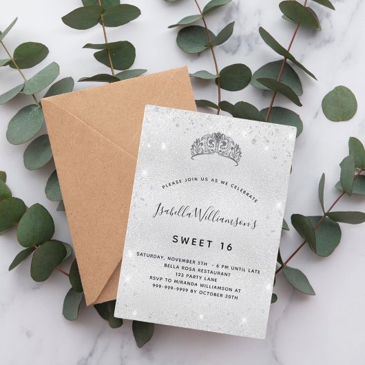 Invitation Sweet 16 parties scintillant argentée tiare citron