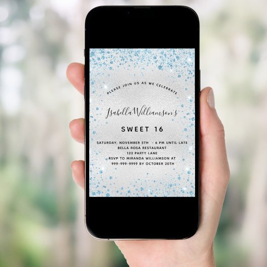 Invitation Sweet 16 parties scintillant bleu argent élégant f