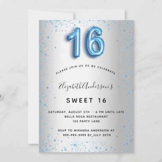 Invitation Sweet 16 parties scintillant bleu argenté glamour (Devant)