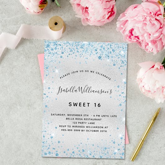 Invitation Sweet 16 parties scintillant bleu clair argenté
