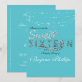 Invitation Sweet 16 Parties scintillant bleue Turquoise fête (Devant / Derrière)