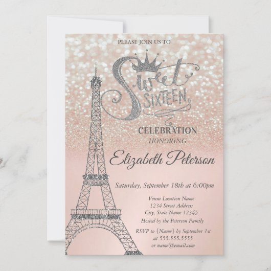 Invitation Sweet 16 Parties scintillant Bokeh Ombre, Tour Eif (Devant)
