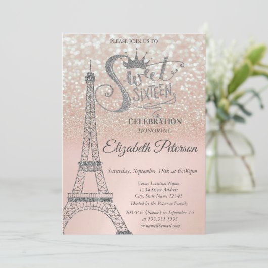 Invitation Sweet 16 Parties scintillant Bokeh Ombre, Tour Eif (Debout devant)