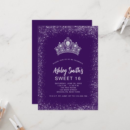 Invitation Sweet 16 Parties scintillant d'argent violet Diamo (Devant/Arrière en situation)