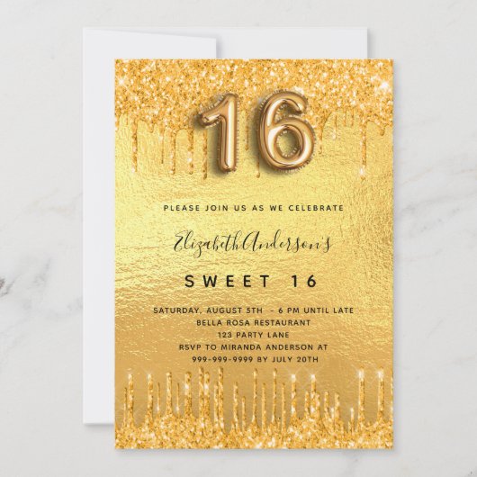 Invitation Sweet 16 parties scintillant d'or gouttes d'invita (Devant)