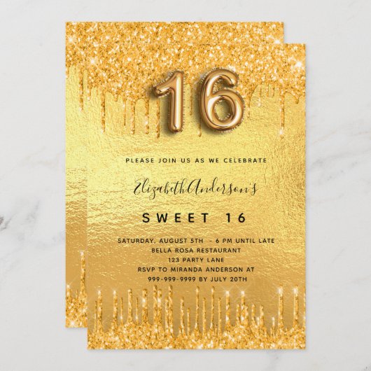 Invitation Sweet 16 parties scintillant d'or gouttes d'invita (Devant / Derrière)