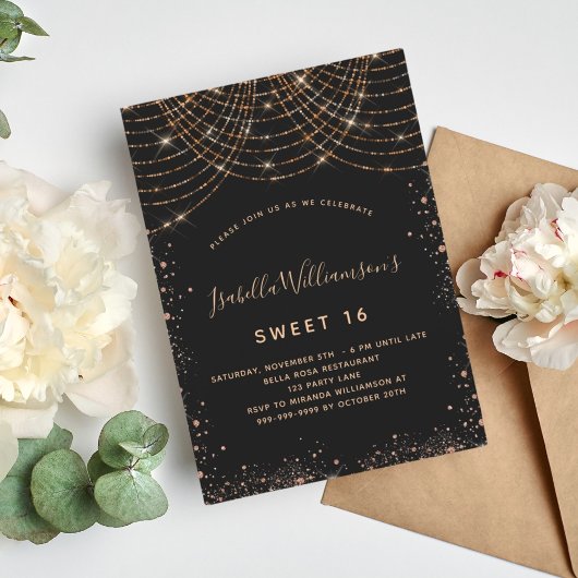 Invitation Sweet 16 parties scintillant d'or noir