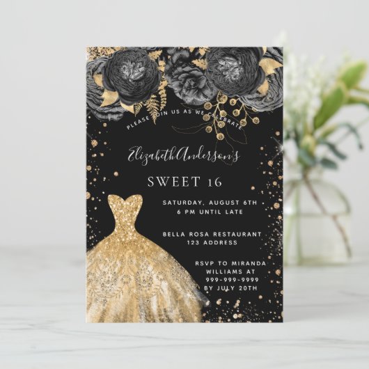 Invitation Sweet 16 parties scintillant en or noir robe flora (Debout devant)