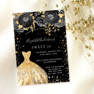 Invitation Sweet 16 parties scintillant en or noir robe flora