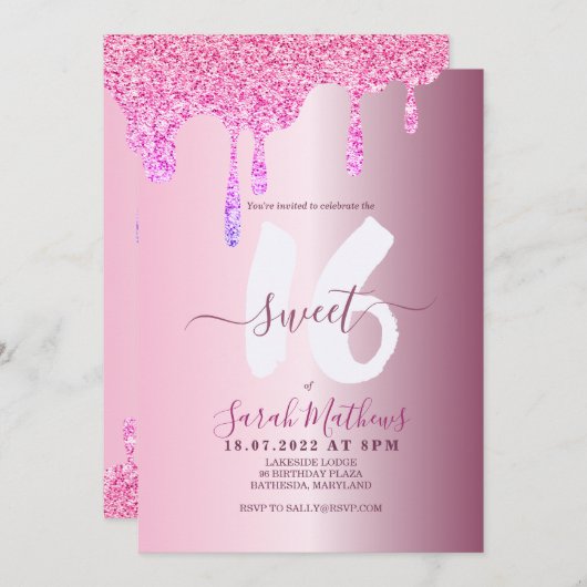 Invitation Sweet 16 Parties scintillant gouttes rose métal An (Devant / Derrière)