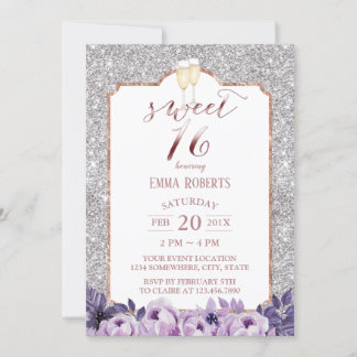 Invitation Sweet 16 Parties scintillant moderne en argent vio