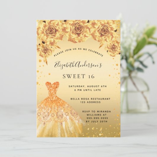 Invitation Sweet 16 parties scintillant or robe rose (Debout devant)