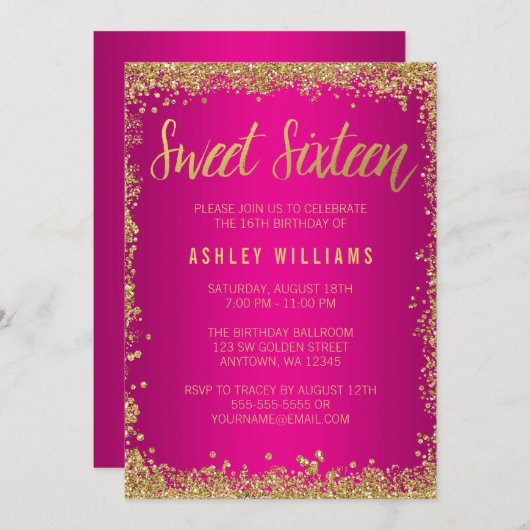 Invitation Sweet 16 Parties scintillant or rose Anniversaire (Devant / Derrière)