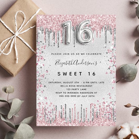 Invitation Sweet 16 parties scintillant rose argent gouttes d