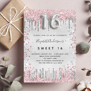 Invitation Sweet 16 parties scintillant rose argent gouttes g