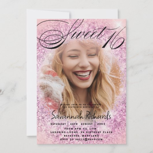 Invitation Sweet 16 Parties scintillant rose et violet (Devant)