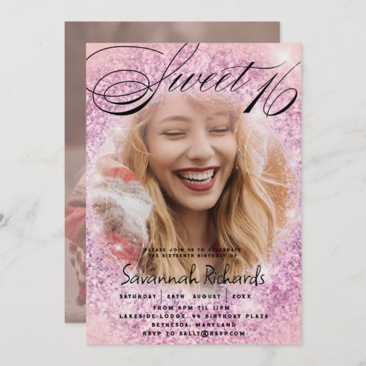 Invitation Sweet 16 Parties scintillant rose et violet (Devant / Derrière)