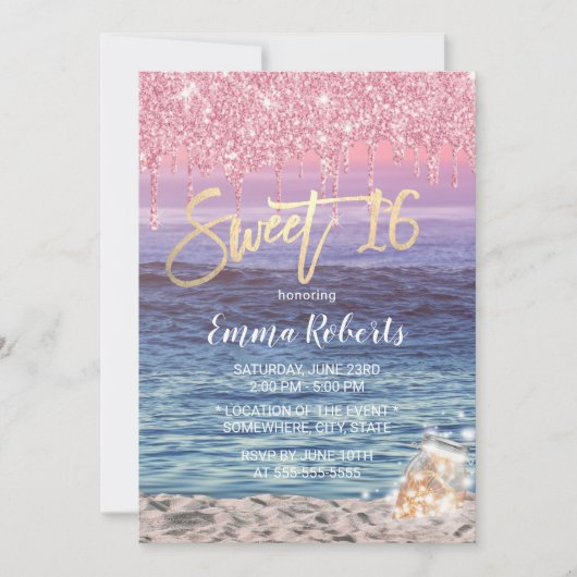 Invitation Sweet 16 Parties scintillant rose moderne Drips Pl (Devant)