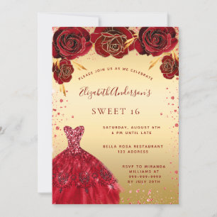 Invitation Sweet 16 parties scintillant rouge or robe glamour