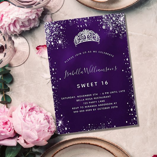 Invitation Sweet 16 parties scintillant violet argent couronn
