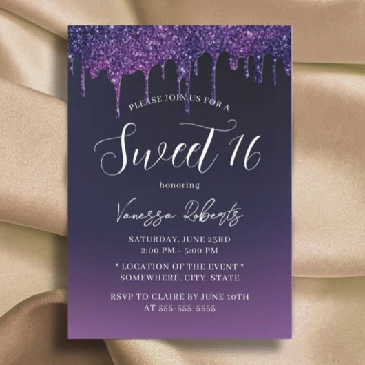 Invitation Sweet 16 Parties scintillant violet moderne Drips 