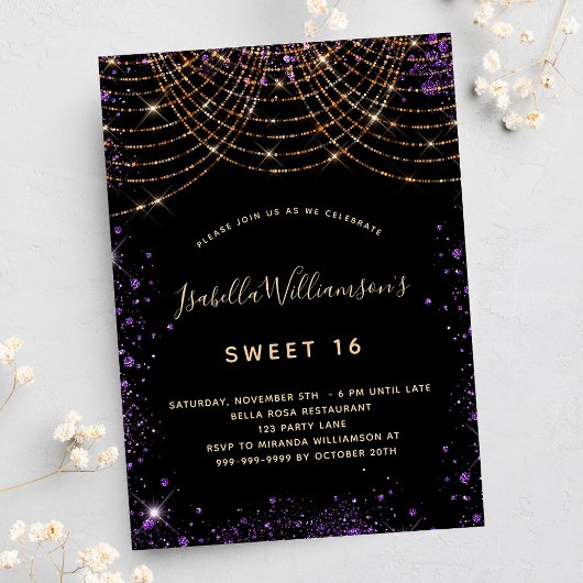 Invitation Sweet 16 parties scintillant violet noir poussière