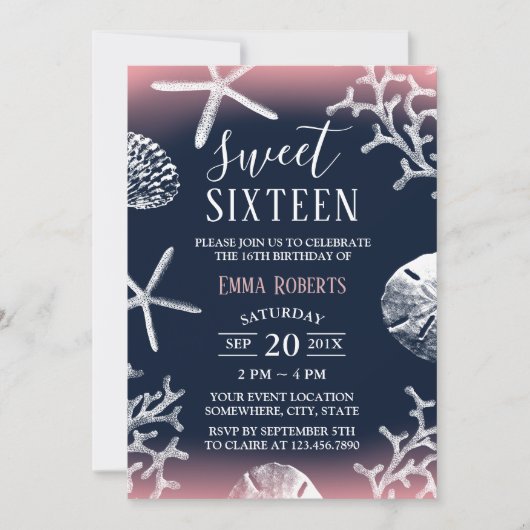 Invitation Sweet 16 Party Beach Coral Reef Starfish Navy Blue (Devant)