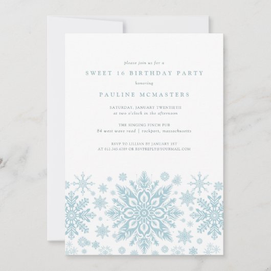 Invitation Sweet 16 Party Bleu blanc Snowflake hiver (Devant)