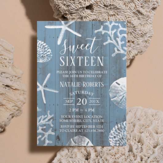 Invitation Sweet 16 Party élégant Dusty Blue Beach Starfish