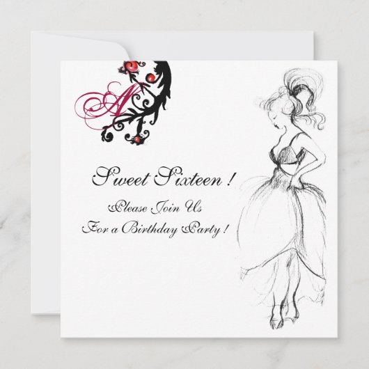 Invitation SWEET 16 PARTY MONOGRAM, Rouge Noir Blanc Annivers (Devant)