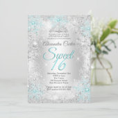 Invitation Sweet 16 Party Photo Argent bleu Turquoise Flocon (Debout devant)