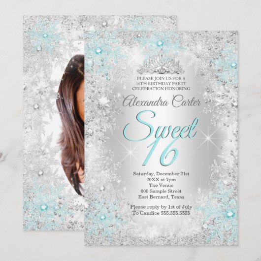 Invitation Sweet 16 Party Photo Argent bleu Turquoise Flocon (Devant / Derrière)